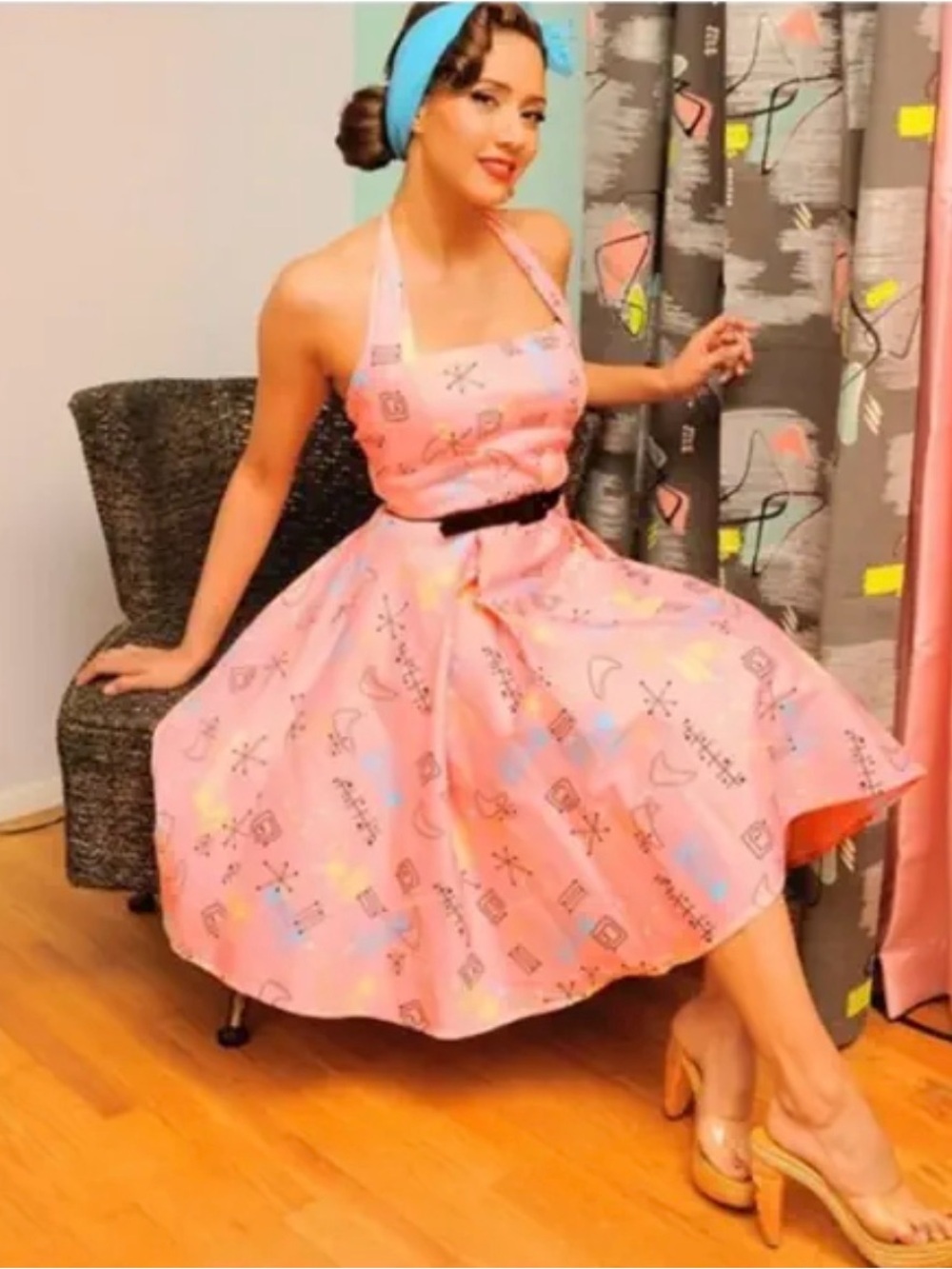 Pinup Couture Atomic Dress Flare XL Pink 50s Retro Halter Rockabilly Vanity NWT